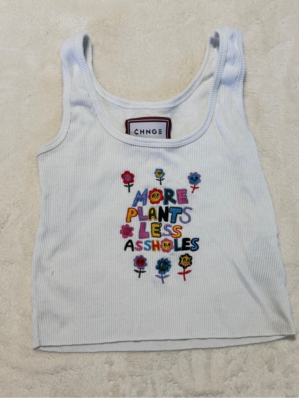 CHNGE WHITE RIBBED EMBROIDERED TANK TOP SIZE SMALL